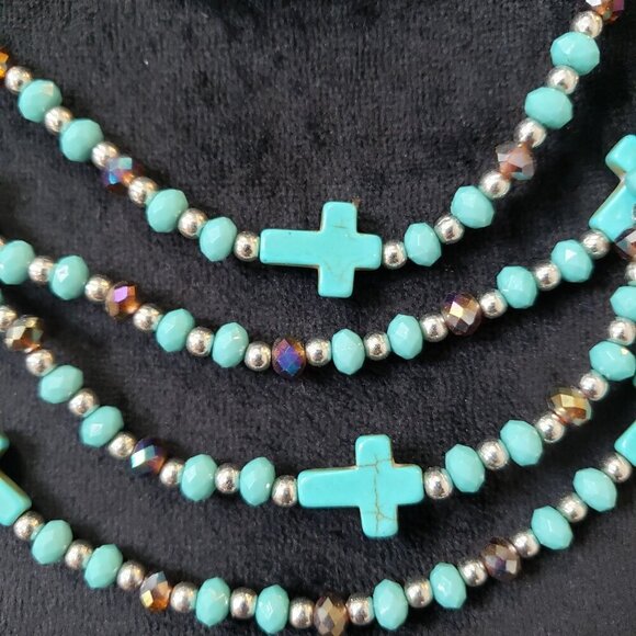 Womens Turquoise & Amber Glass Bead Multi Strand Cross Necklace w/ Lobster Clasp - Picture 2 of 6